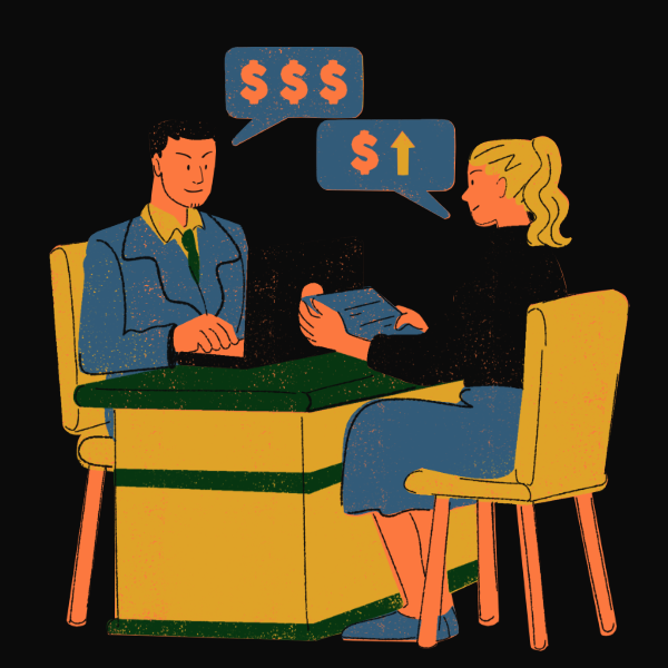 Illustration of two business professionals discussing financial growth and revenue optimization, symbolized by speech bubbles with dollar signs and upward arrows, representing premium consulting expertise.