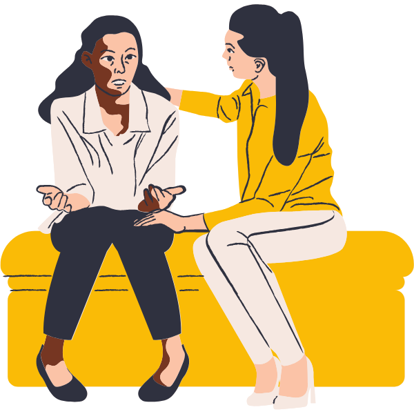 Illustration of two individuals sitting on a couch, with one providing support and guidance to the other, symbolizing a collaborative and empathetic approach to identifying inefficiencies and optimizing workflows in business processes.