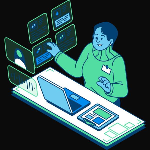 Illustration of a professional working with digital interfaces, analyzing data and strategizing solutions, representing tailored consulting services designed to align operations and drive significant ROI.